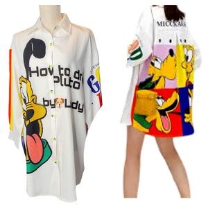 Item # A223  Nancy  Pluto Cartoon  Print Shirt Dress Disney  White Multi  NWT  S